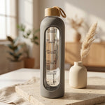 Danny Home 1000ml Motivational Glass Water Bottle with Time Marker & Grey Silicone Sleeve