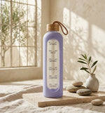 Danny Home 1000ml Motivational Glass Water Bottle with Time Marker & Light Blue Silicone Sleeve