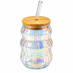 Holographic Wavy Glass Cup with Bamboo Lid & Reusable Straw – Aesthetic Iced Coffee Tumbler CG252