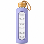 Danny Home 1000ml Motivational Glass Water Bottle with Time Marker & Light Blue Silicone Sleeve