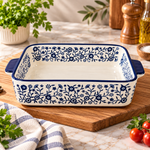 Danny Home 8" Rectangular Ceramic Baking Dish with Handles Blue Floral Porcelain Casserole