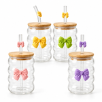 Ripple Glass Tumbler with Wooden Lid &amp  Bow (350ml)