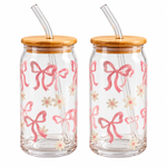 Danny Home Reusable Glass Tumbler Set with Pink Ribbon Print for Smoothies & Boba