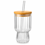 Fluted Glass Tumbler with Wooden Lid & Straw | 450ml Ribbed Drinkware RXG-026