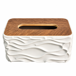 Modern Off-White Fluid Ripple Textured Tissue Box Cover – Luxury 3D Sculpted Napkin Dispenser Holder with Wooden Lid Accent