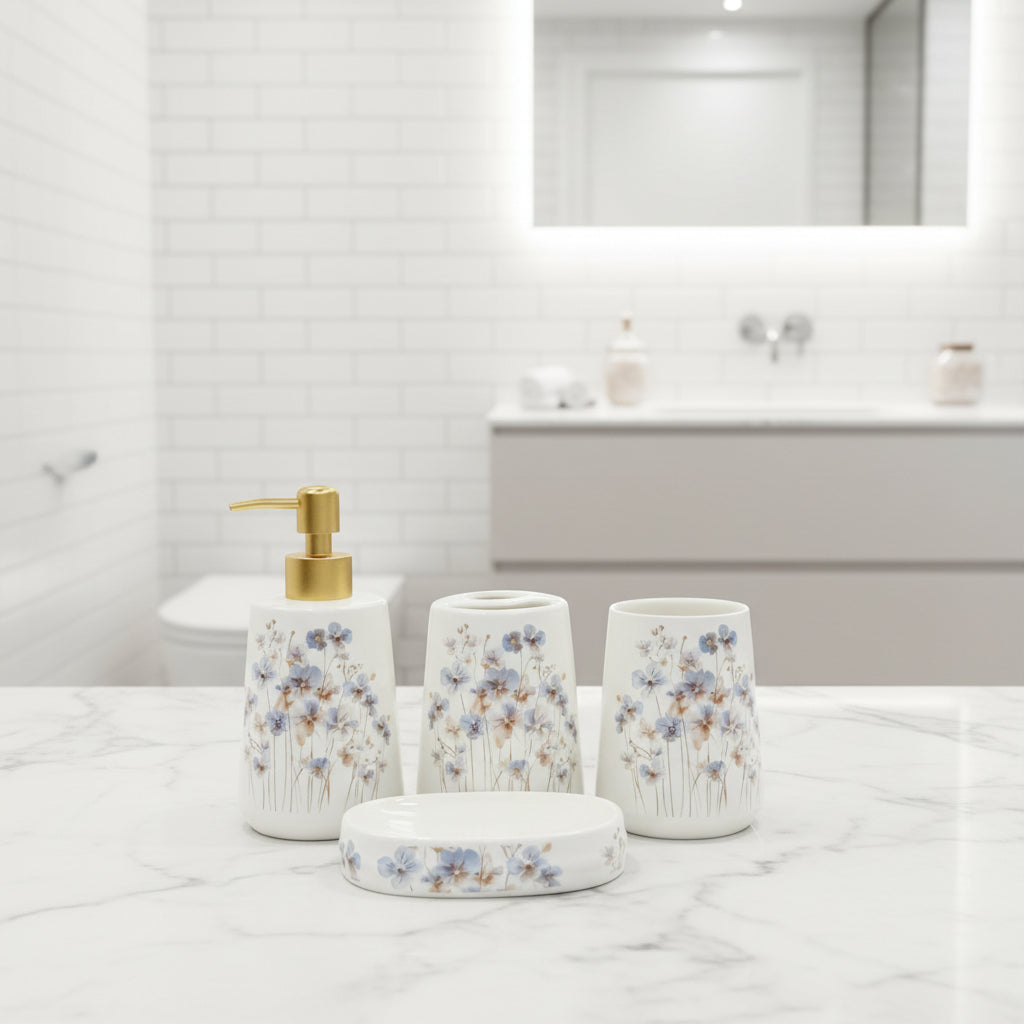 BR3003 4Pcs Bath Set W-Blue Flower 12c