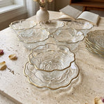 Floral Embossed Rose Gold Rim Glass Piyali Bowl & Saucer Set Premium Dessert & Serving Bowls