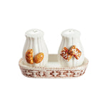 Decorative Glazed Ceramic Pastry-Motif Salt & Pepper Shaker Set with Woven Basket Tray Cottagecore Dining Tableware & Giftware