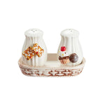 Decorative Glazed Ceramic Pastry-Motif Salt & Pepper Shaker Set with Woven Basket Tray Cottagecore Dining Tableware & Giftware
