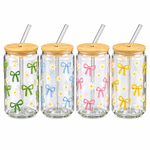 Premium Bowtie and Daisy Printed Glass Can Tumbler with Bamboo Lid & Straw Cute Cold Beverage Sipper Cup