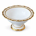 Danny Home Luxury 8-Inch Ceramic Pedestal Fruit Bowl with Ornate Gold Rim & Openwork Lace Trim – Elegant Centerpiece Tray