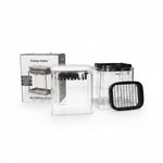 Danny Home Multipurpose Cutter set with a clear plastic container, a black-lidded container, a black wire mesh screen, and the original product packaging box on a white background.