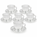Premium Silver-Rimmed Ribbed Glass Tea Cup & Saucer Set High Quality Glassware
