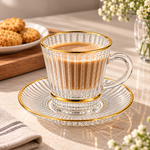 Premium Gold-Rimmed Spiral Fluted Glass Tea Cup & Saucer Set High Quality Glassware