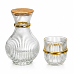 Premium 7-Pcs Transparent Fluted Glass Pitcher Set with Wooden Lid & Metallic Gold Accent Water Jug & 6 Glasses