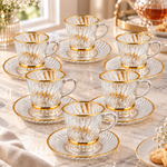 Premium Gold-Rimmed Twisted Wave Ribbed Glass Tea Cup & Saucer Set High Quality Glassware