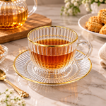 Premium Gold Rim 6-Piece Ribbed Glass Tea Cup and Saucer Set – 230ml Capacity