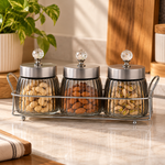 Danny Home Luxury 3Pcs Ribbed Glass Storage Jar Set on Wire Metal Display Caddy