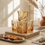 Danny Home Luxury Amber Origami Crumpled Glass Drinking Set 280ml | Aesthetic Water & Juice Glasses – Set of 4
