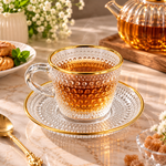 Luxury Gold Rim 6-Piece Clear Glass Tea & Coffee Cup Set with Saucers (150ml)