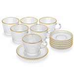 Luxury Ribbed Glass Tea Set with Gold Rim Edge - 6 Persons Tea & Coffee Cup Set