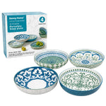 Danny Home 8.25-Inch Porcelain Deep Plate Set (4-Piece) Bohemian Blue & Green Mixed Pattern Pasta Bowls