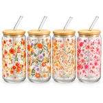 Aesthetic Floral-Pattern Can-Shaped Glass Cup with Bamboo Lid & Glass Straw