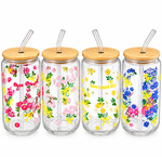 Premium Floral Bouquet Printed Glass Can Tumbler with Bamboo Lid & Straw Romantic "Rose Language" Cold Beverage Sipper Cup