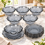 Modern Smoky Grey Striped Glass Piyali Bowl and Saucer Set