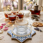 Luxury 12-Piece Gold-Rimmed Fluted Glass Tea Cup & Saucer Set (6 Cups + 6 Saucers)