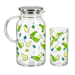 Premium 7-Piece Glass Drinking Set with Fresh Green Pear Pattern Beverage Jug & Glassware Set for Home & Dining