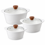 Danny Home Premium 6Pcs White Ceramic Soup & Stew Casserole Set (2.5L+1.5L+1L) – Heat-Resistant Bakeware Cookware Pots with Wooden-Finish Handles