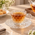 Deli Glass  Premium 12 Piece Clear Glass Tea & Coffee Cup and Saucer Set 200ml  Elegant Diamond Pattern