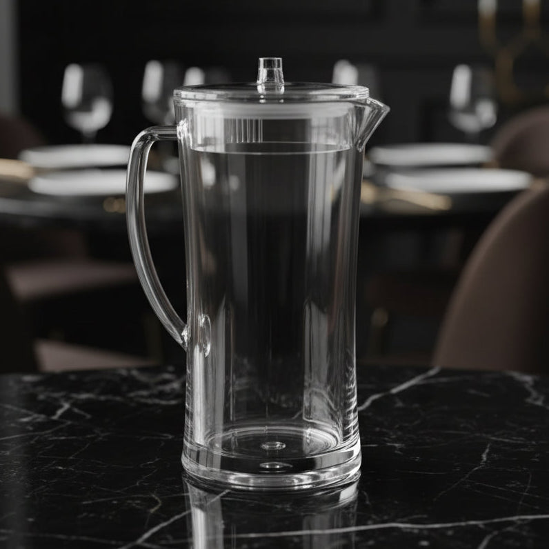 Clear glass pitcher on a white background