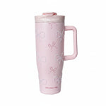 Soft Pink Ribbon & Bow 1.2L Stainless Steel Tumbler Pearl Beaded Coquette Travel Mug with Handle, Straw & Decorative 3D Bow Topper